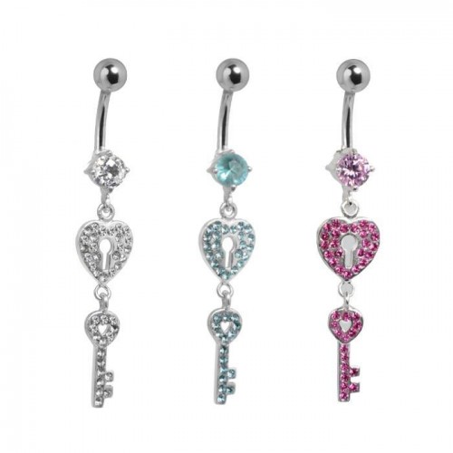 Sterling Silver Jewelled Heart Lock & Key Navel Bar (SB94)